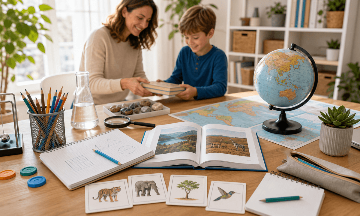 Ein heller Homeschooling-Schreibtisch mit Laptop und einer AI-Programmkarte