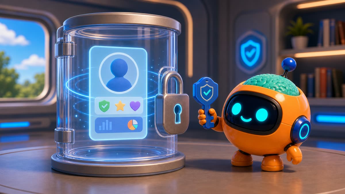 Sparky guarding a friendly data privacy vault.