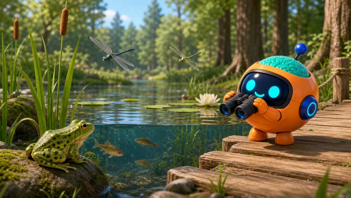 Sparky beobachtet eine Wald- und Teich-Lebensraum-Szene.
