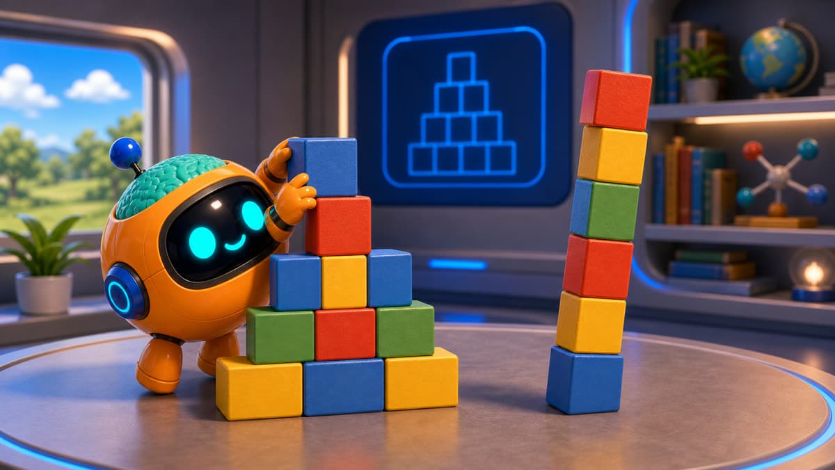 Sparky testet einen stabilen Turmbau mit einfachen Formen.