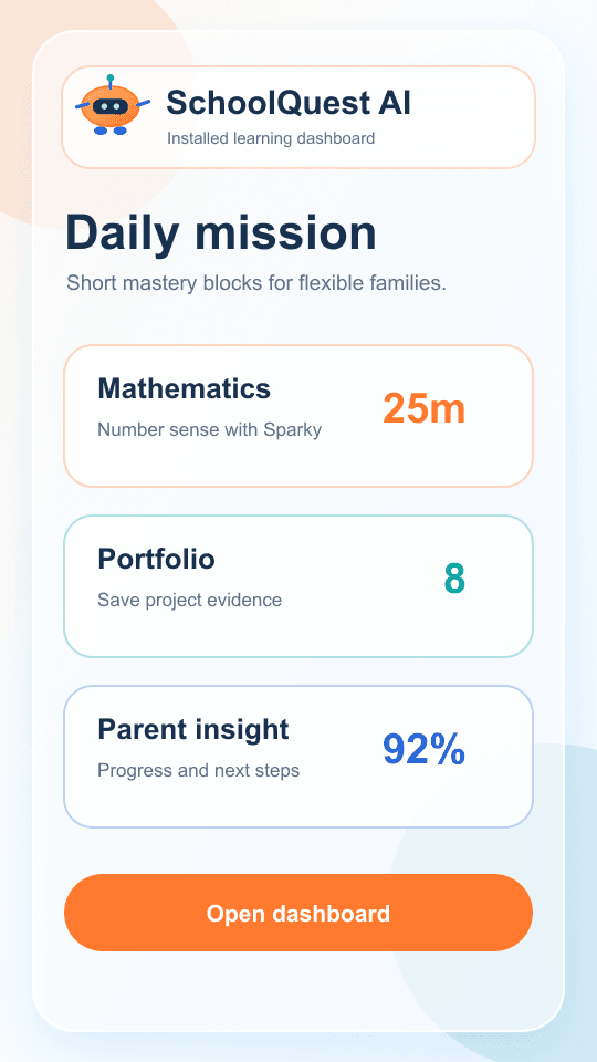SchoolQuest AI Handy-Screenshot mit Lernrunde, Portfolio und Elternübersicht